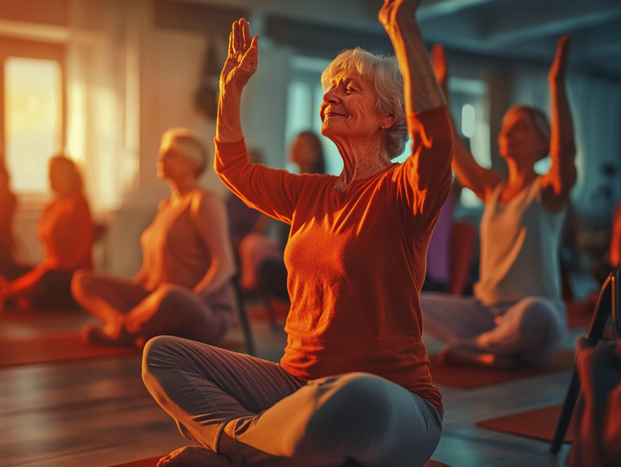 Група пенсіонерів на занятті з йоги