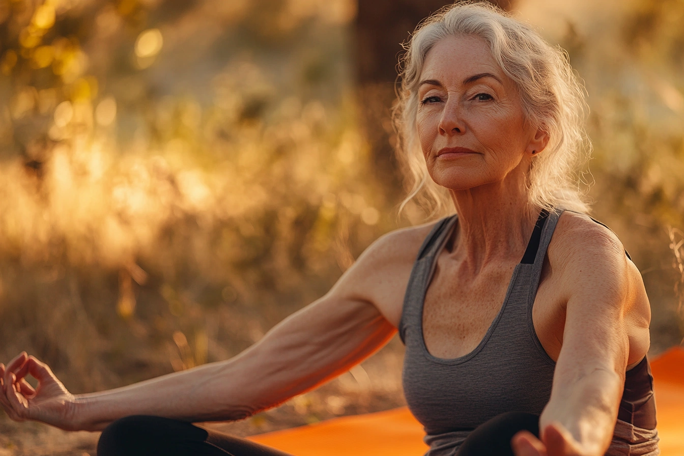 Старша жінка практикує йогу на природі